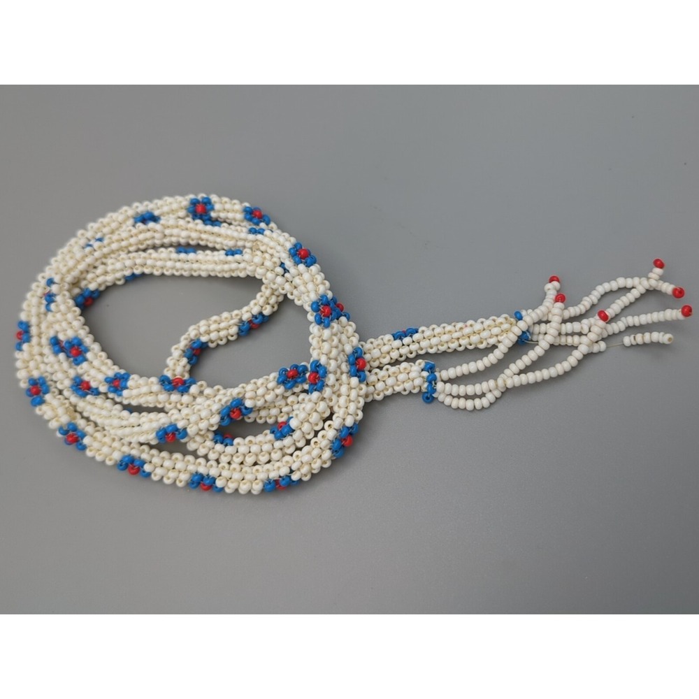 Vintage Beaded Belt‎ Or Necklace Plastic Seed Beads White Floral Boho American